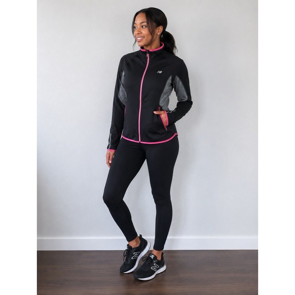 New Balance NB Dry Womens Large Running Jacket Black Gray Pink Full Zip Athletic